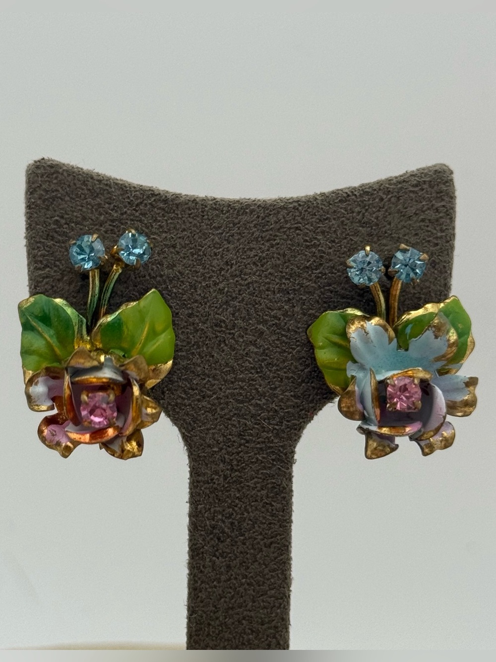 Vintage made in Austria Floral Enamel and Crystal Clip-On Earrings - Pink & Blue